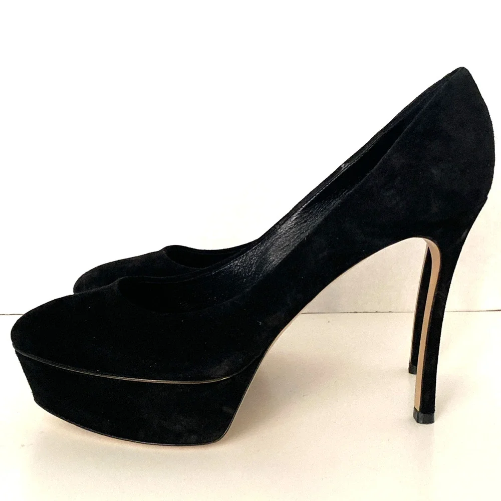 Casadei Flora Pump Black Suede Platform Almond Toe Slim Stiletto Heel 9.5 - Picture 7 of 11